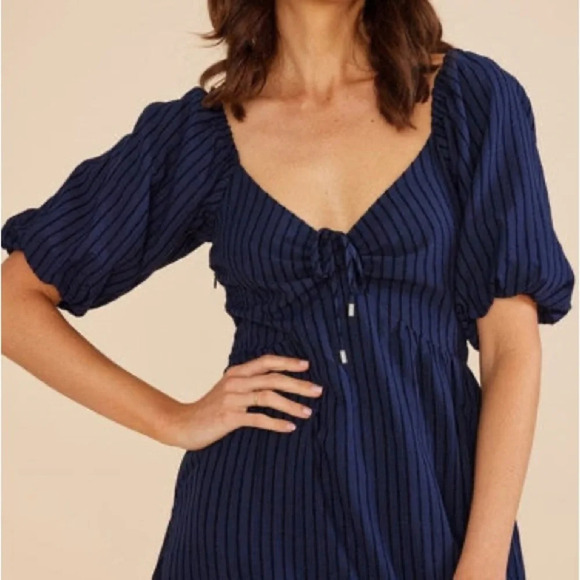 NWT MINKPINK Arielle Midi Dress Shortsleeve Striped Smocked Back Navy Black S - Picture 2 of 16